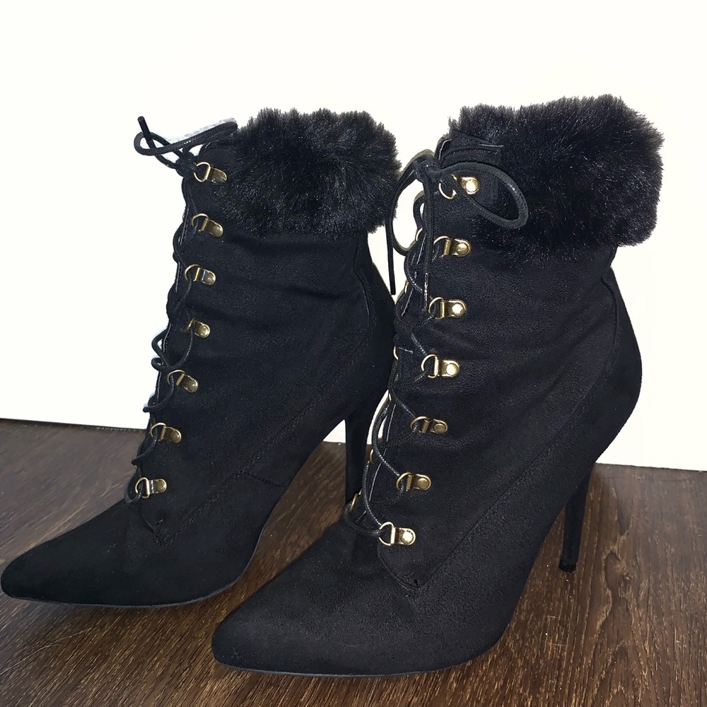 Black Suede Furry Ankle Booties